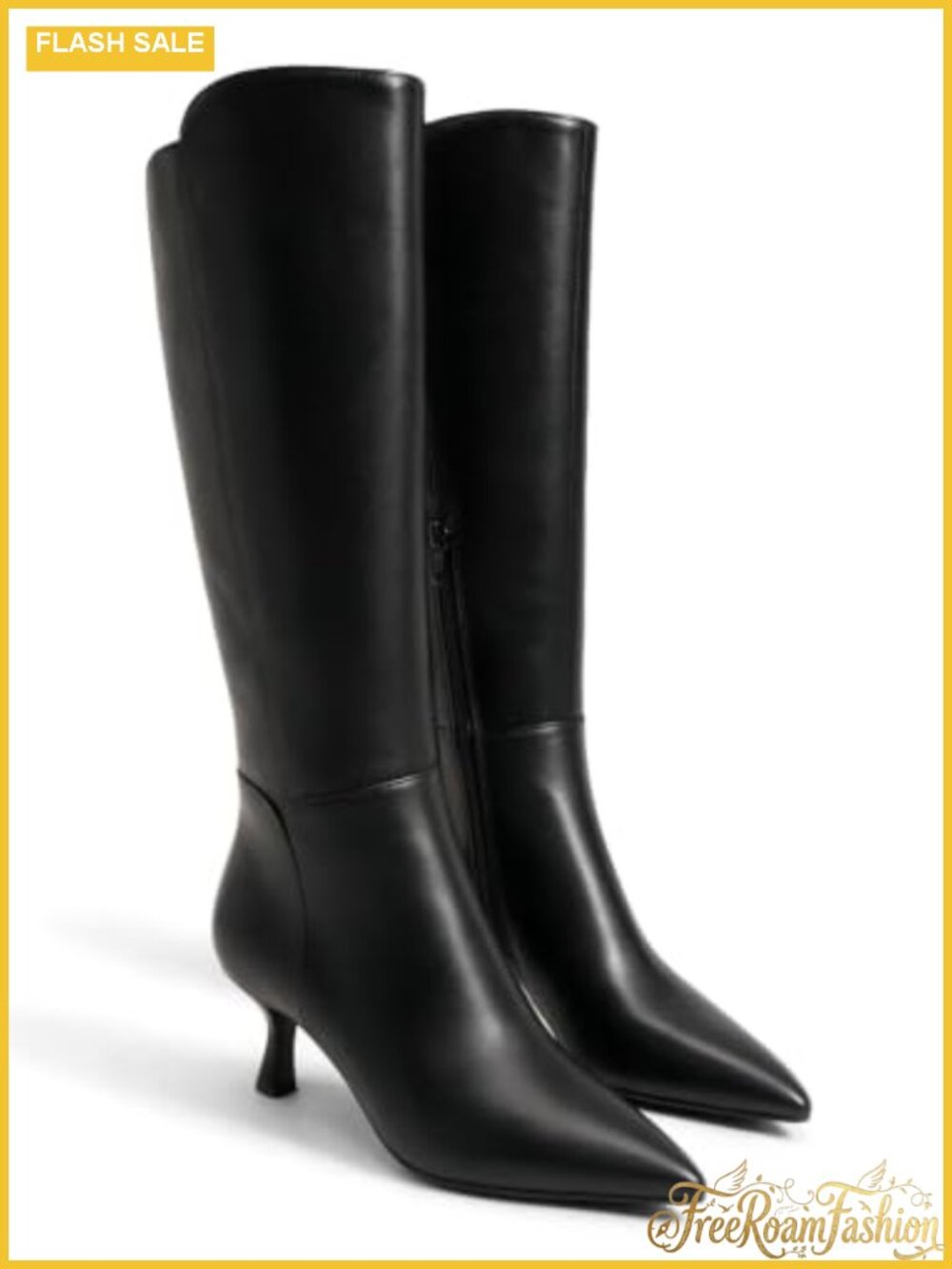 Coutgo Womens Knee High Boots Kitten Heel Pointed Toe Zip Dress Tall Boots
